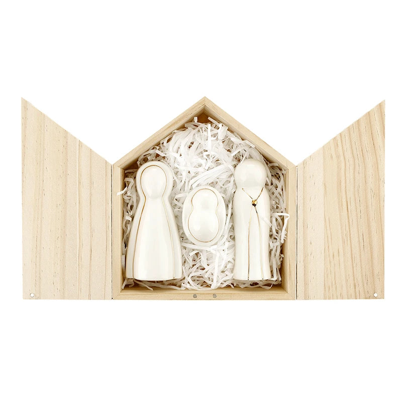 Ceramic Figurines Pine Wood Box - Holy Family - Large